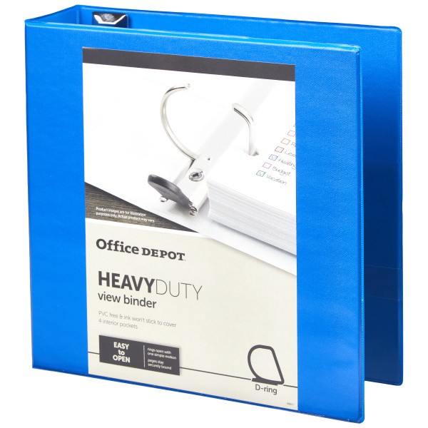 slide 4 of 8, Office Depot Brand Heavy-Duty View 3-Ring Binder, 3'' D-Rings, Blue, 3 in