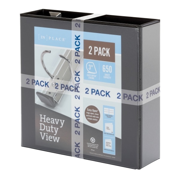 slide 3 of 7, Office Depot Heavy-Duty View 3-Ring Binder, 3'' D-Rings, Black, 49% Recycled, Pack Of 2, 2 ct