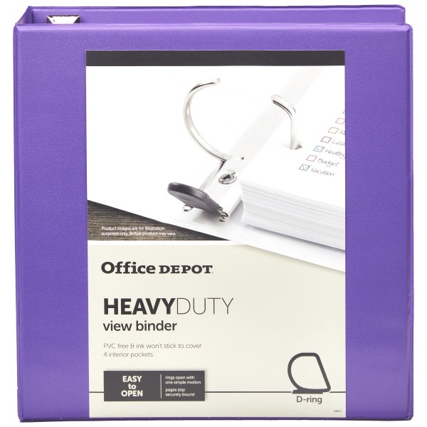 slide 5 of 8, Office Depot [In]Place Heavy-Duty View 3-Ring Binder, 2'' D-Rings, Purple, 2 in