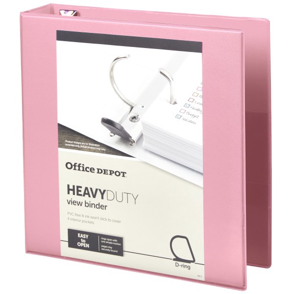 slide 5 of 7, Office Depot Heavy-Duty View 3-Ring Binder, 2'' D-Rings, 49% Recycled, Light Pink, 1 ct