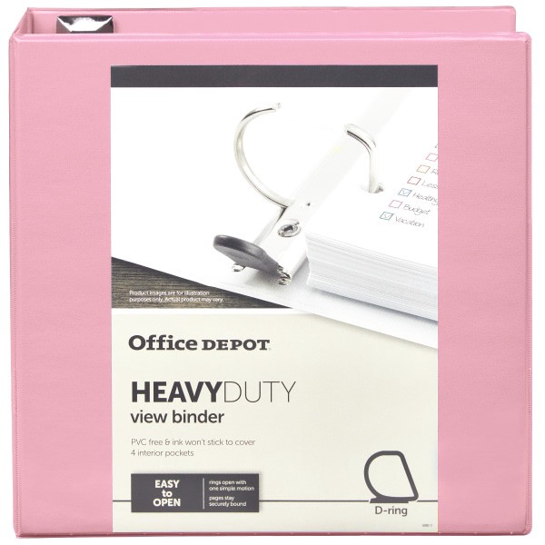 slide 7 of 7, Office Depot Heavy-Duty View 3-Ring Binder, 2'' D-Rings, 49% Recycled, Light Pink, 1 ct