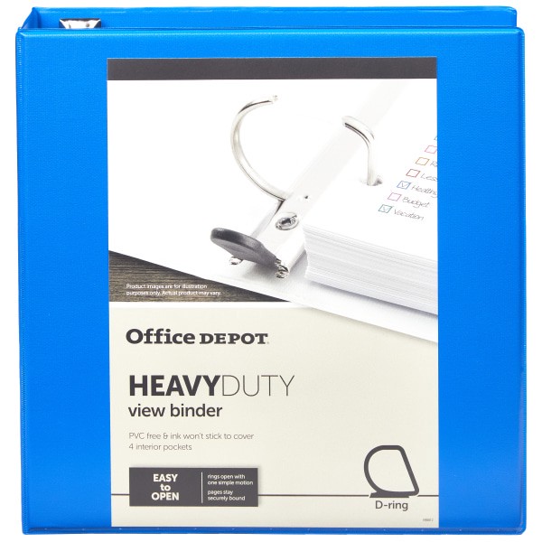 slide 5 of 8, Office Depot Brand Heavy-Duty View 3-Ring Binder, 2'' D-Rings, Blue, 2 in