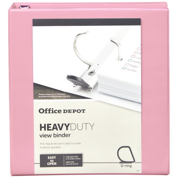 slide 3 of 7, Office Depot Heavy-Duty View 3-Ring Binder, 1 1/2'' D-Rings, 49% Recycled, Pink, 1 ct