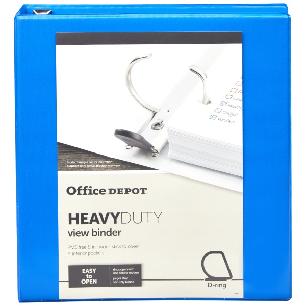 slide 3 of 6, Office Depot Brand Heavy-Duty View 3-Ring Binder, 1 1/2'' D-Rings, 49% Recycled, Blue, 1 ct