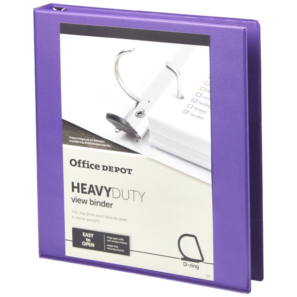 slide 5 of 7, Office Depot Heavy-Duty View 3-Ring Binder, 1'' D-Rings, 49% Recycled, Purple, 1 in