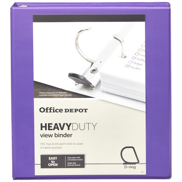 slide 4 of 7, Office Depot Heavy-Duty View 3-Ring Binder, 1'' D-Rings, 49% Recycled, Purple, 1 in