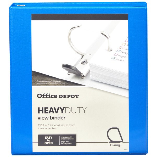 slide 6 of 7, Office Depot Brand Heavy-Duty View 3-Ring Binder, 1'' D-Rings, Blue, 1 in