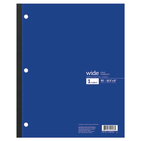 slide 2 of 7, Office Depot Brand Wireless Notebook, 8 1/2'' X 10 1/2'', 3-Hole Punched, 1 Subject, Wide Ruled, 80 Sheets, Assorted Colors, 80 ct