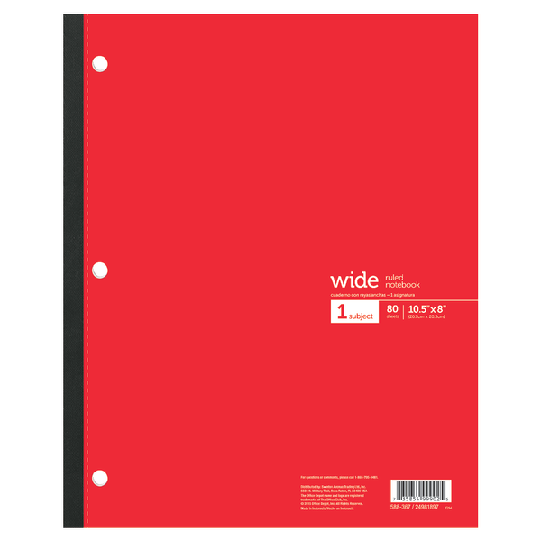 slide 4 of 7, Office Depot Brand Wireless Notebook, 8 1/2'' X 10 1/2'', 3-Hole Punched, 1 Subject, Wide Ruled, 80 Sheets, Assorted Colors, 80 ct