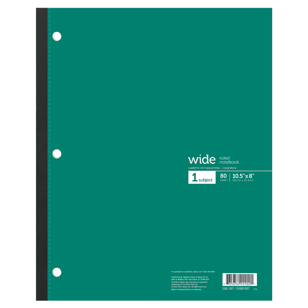 slide 3 of 7, Office Depot Brand Wireless Notebook, 8 1/2'' X 10 1/2'', 3-Hole Punched, 1 Subject, Wide Ruled, 80 Sheets, Assorted Colors, 80 ct