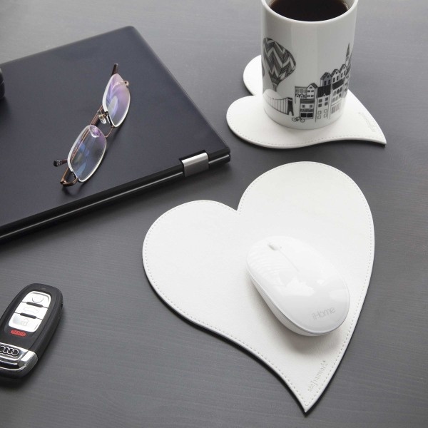 slide 2 of 5, See Jane Work Faux Leather Heart Mouse Pad And Coaster Set, White, 1 ct