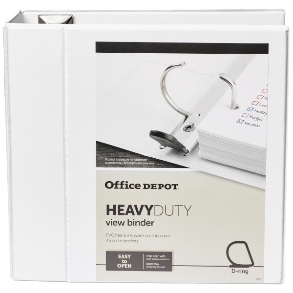 slide 4 of 7, Office Depot Brand Heavy-Duty View 3-Ring Binder, 5'' D-Rings, White, 5 in