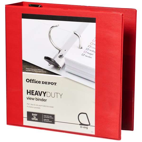 slide 2 of 8, Office Depot Brand Heavy-Duty View 3-Ring Binder, 3'' D-Rings, Red, 3 in