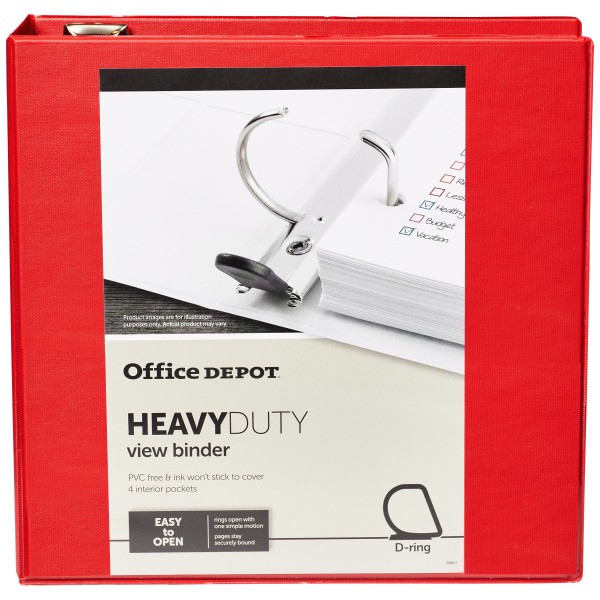 slide 4 of 8, Office Depot Brand Heavy-Duty View 3-Ring Binder, 3'' D-Rings, Red, 3 in