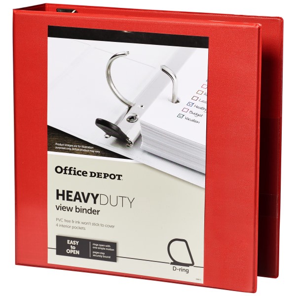 slide 3 of 8, Office Depot Brand Heavy-Duty View 3-Ring Binder, 2'' D-Rings, Red, 2 in
