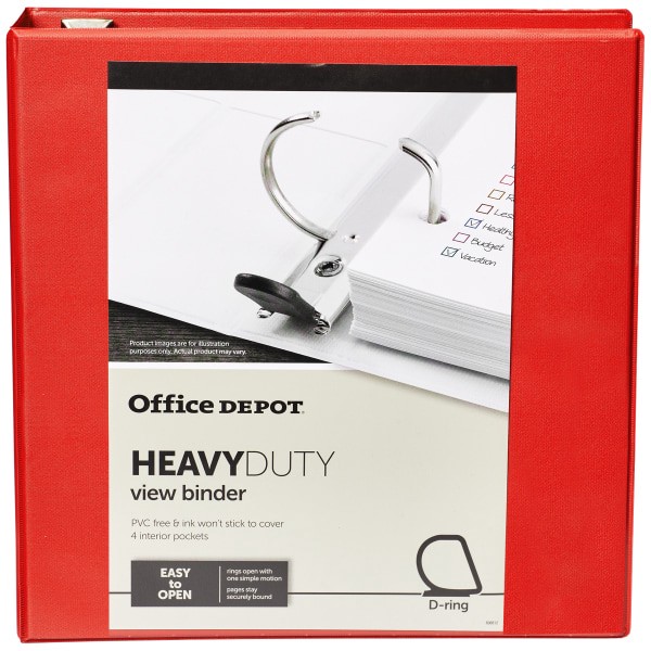slide 6 of 8, Office Depot Brand Heavy-Duty View 3-Ring Binder, 2'' D-Rings, Red, 2 in
