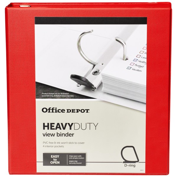 slide 7 of 8, Office Depot [In]Place Heavy-Duty View 3-Ring Binder, 1 1/2'' D-Rings, Red, 1 ct