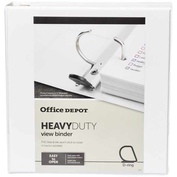 slide 4 of 8, Office Depot Brand Heavy-Duty View 3-Ring Binder, 1 1/2'' D-Rings, White, 1 ct