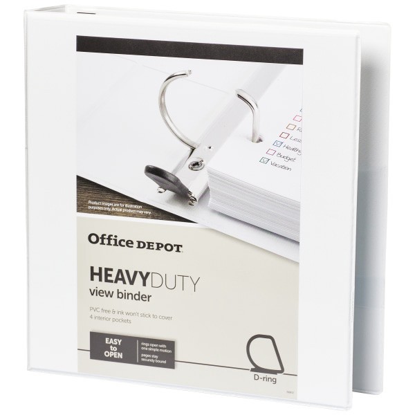 slide 2 of 8, Office Depot Brand Heavy-Duty View 3-Ring Binder, 1 1/2'' D-Rings, White, 1 ct