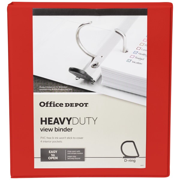 slide 2 of 8, Office Depot Brand Heavy-Duty View 3-Ring Binder, 1'' D-Rings, Red, 1 in