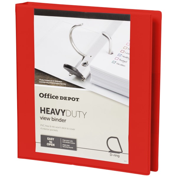 slide 5 of 8, Office Depot Brand Heavy-Duty View 3-Ring Binder, 1'' D-Rings, Red, 1 in