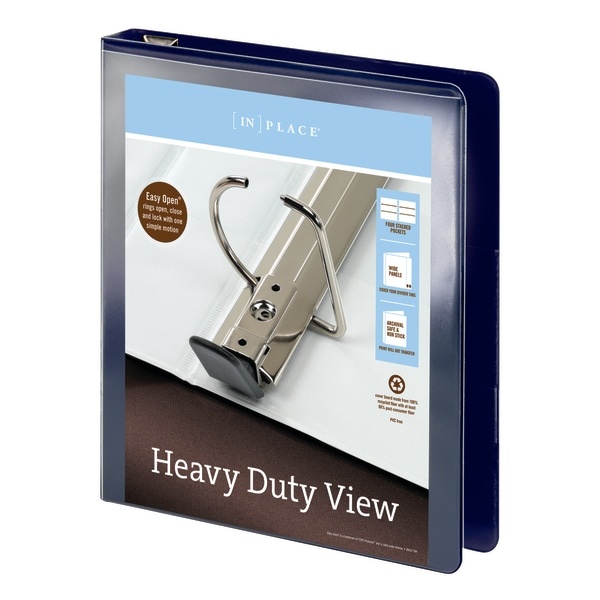 slide 3 of 5, Office Depot [In]Place Heavy-Duty View 3-Ring Binder, 1'' D-Rings, 100% Recycled, Navy, 1 in