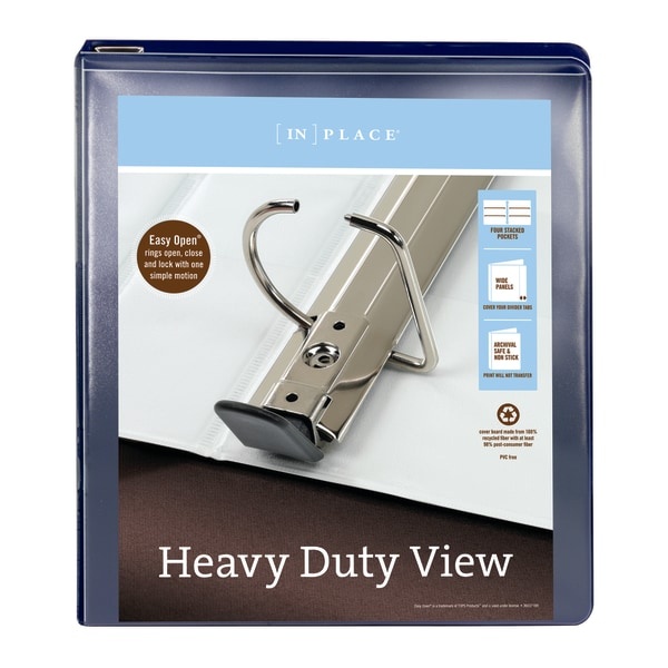 slide 5 of 5, Office Depot [In]Place Heavy-Duty View 3-Ring Binder, 1'' D-Rings, 100% Recycled, Navy, 1 in