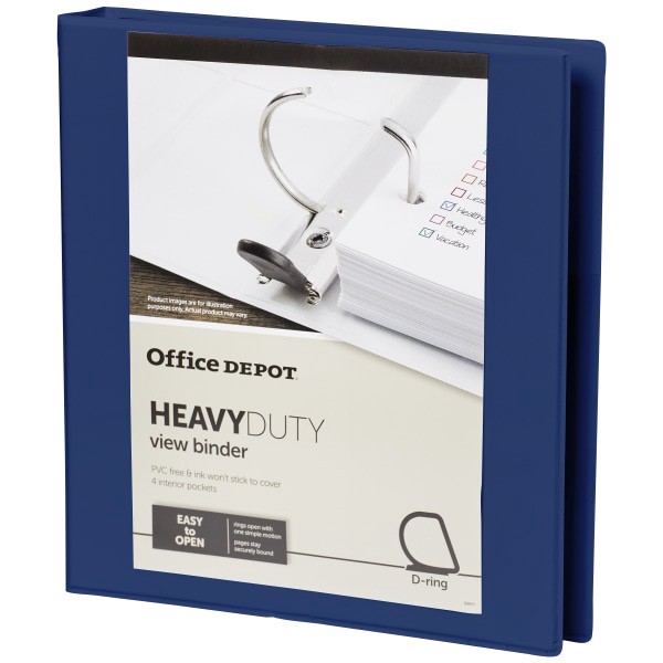 slide 6 of 8, Office Depot [In]Place Heavy-Duty View 3-Ring Binder, 1'' D-Rings, 100% Recycled, Navy, 1 in