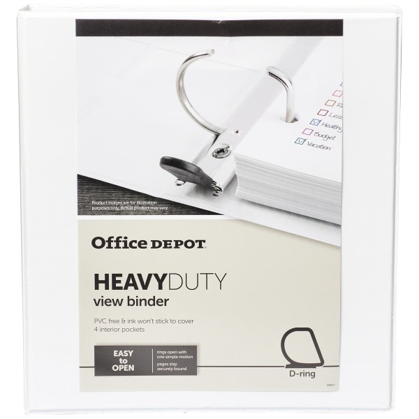 slide 3 of 8, Office Depot Brand Heavy-Duty View 3-Ring Binder, 1'' D-Rings, 100% Recycled, White, 1 in