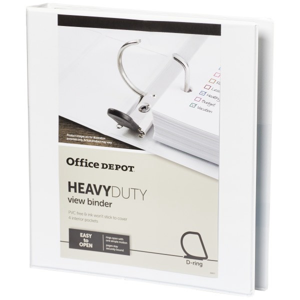 slide 2 of 8, Office Depot Brand Heavy-Duty View 3-Ring Binder, 1'' D-Rings, 100% Recycled, White, 1 in