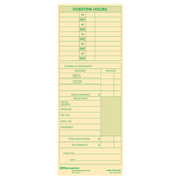 slide 2 of 2, Office Depot Brand Time Cards With Deductions, Weekly, Monday-Sunday Format, 2-Sided, 3 3/8'' X 8 7/8'', Manila, Pack Of 100, 100 ct