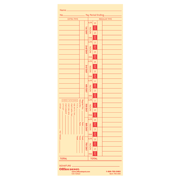 slide 2 of 2, Office Depot Brand Time Cards, Biweekly, Days 1-7, 2-Sided, 3 3/8" X 8 7/8", Manila, Pack Of 100, 100 ct