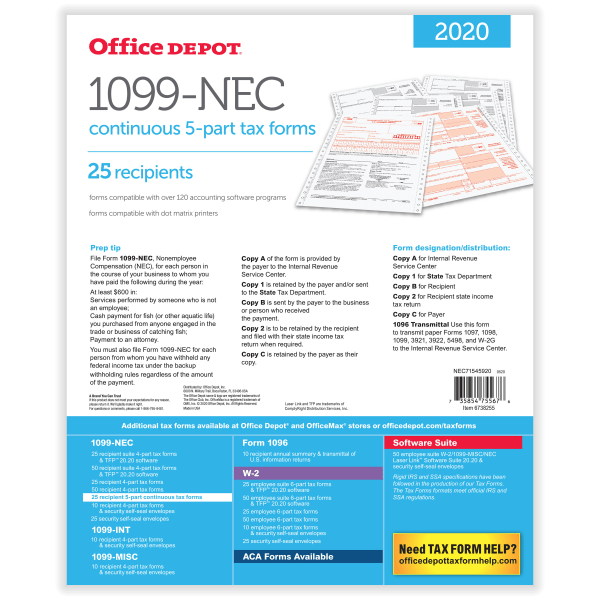 slide 2 of 3, Office Depot Brand 1099-Nec Continuous Tax Forms, 5-Part, 9'' X 11'', Pack Of 25 Forms, 25 ct