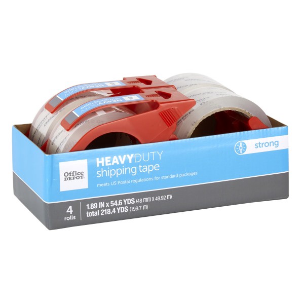 slide 5 of 5, Office Depot Brand Heavy-Duty Shipping Tape With Dispenser, 1-15/16'' X 54-5/8 Yd, Clear, Pack Of 4 Rolls, 4 ct