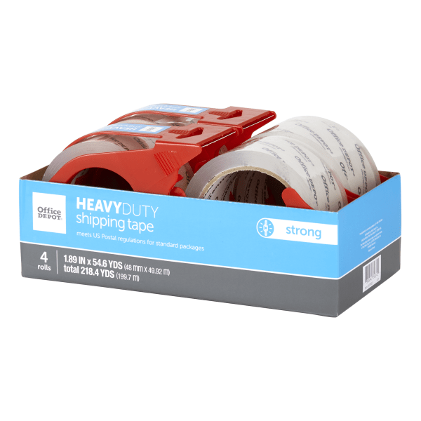 slide 3 of 3, Office Depot Brand Heavy-Duty Shipping Tape With Dispenser, 1-15/16'' X 54-5/8 Yd, Clear, Pack Of 4 Rolls, 4 ct