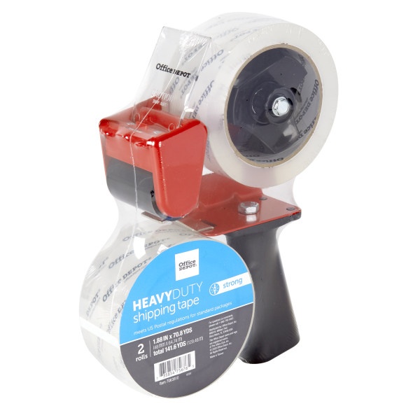 slide 3 of 3, Office Depot Brand Heavy-Duty Shipping Tape With Tape Gun, 1-15/16" X 70-13/16 Yd, Clear, Pack Of 2 Rolls, 2 ct