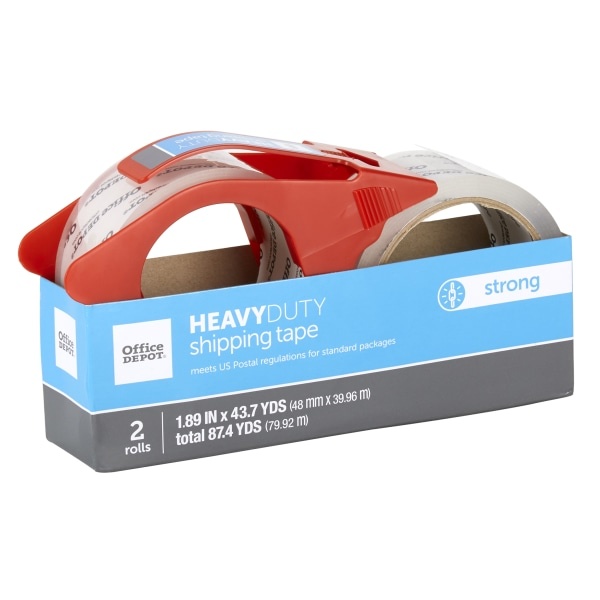 slide 5 of 5, Office Depot Brand Heavy-Duty Shipping Tape With Dispenser, 1.89'' X 43.7 Yd., Clear, Pack Of 2, 2 ct