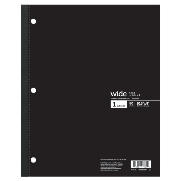 slide 6 of 7, Office Depot Brand Wireless Notebook, 8 1/2'' X 10 1/2'', 3-Hole Punched, 1 Subject, Wide Ruled, 80 Sheets, Assorted Colors, 80 ct