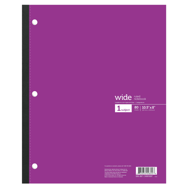 slide 5 of 7, Office Depot Brand Wireless Notebook, 8 1/2'' X 10 1/2'', 3-Hole Punched, 1 Subject, Wide Ruled, 80 Sheets, Assorted Colors, 80 ct