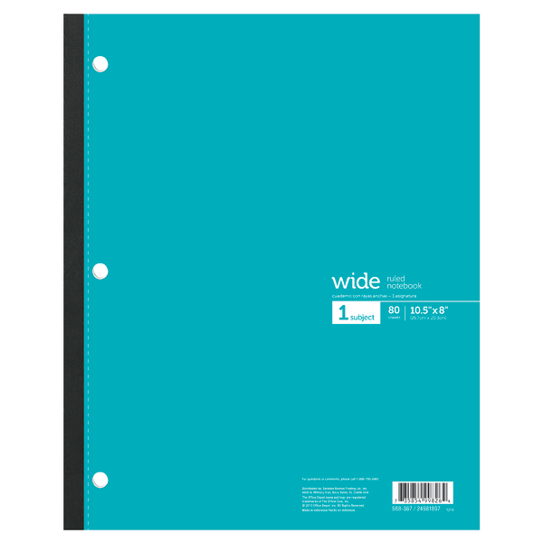 slide 7 of 7, Office Depot Brand Wireless Notebook, 8 1/2'' X 10 1/2'', 3-Hole Punched, 1 Subject, Wide Ruled, 80 Sheets, Assorted Colors, 80 ct