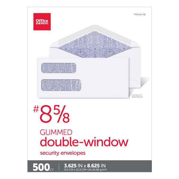 slide 3 of 4, Office Depot Brand Double-Window Envelopes, #8, White, Gummed, 500 ct