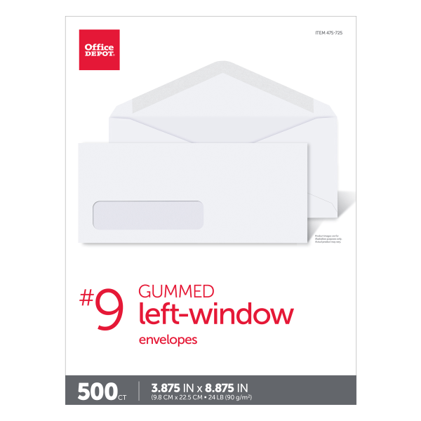 slide 2 of 4, Office Depot Window Envelopes, Window On Bottom Left, #9 White, 500 ct; 3 7/8 in x 8 7/8 in