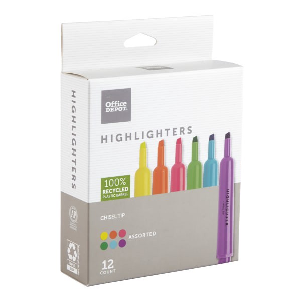 slide 9 of 10, Office Depot Brand Chisel-Tip Highlighter, Assorted Fluorescent Colors, Pack Of 12, 12 ct