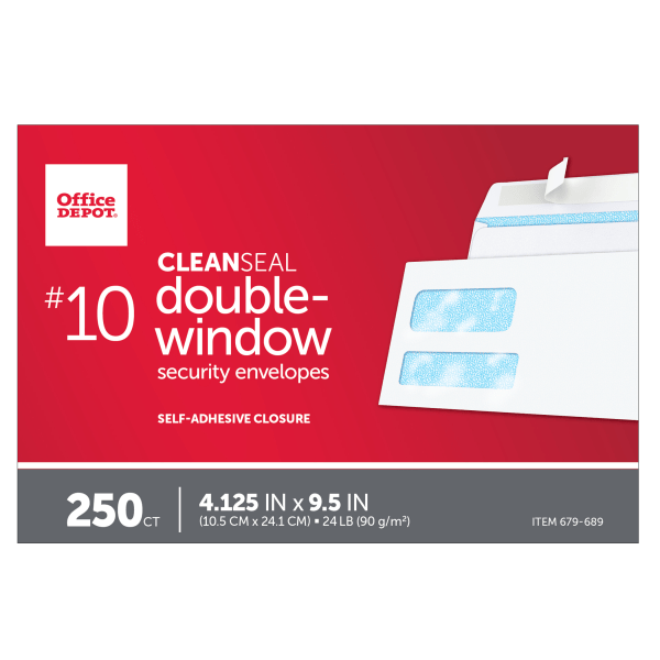 slide 4 of 4, Office Depot Brand Double-Window Envelopes, #10 White, Clean Seal, 250 ct