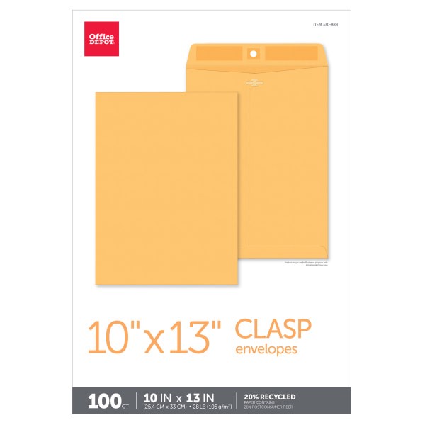 slide 4 of 4, Office Depot Brand Clasp Envelopes, Brown, 100 ct; 10 in x 13 in