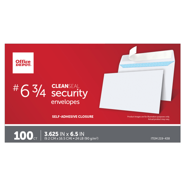 slide 3 of 4, Office Depot Brand Clean Seal Security Envelopes, #6 3/4, White, 100 ct