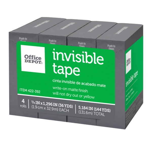 slide 2 of 3, Office Depot Brand Invisible Tape, 3/4'' X 1,296'', Pack Of 4 Rolls, 4 ct