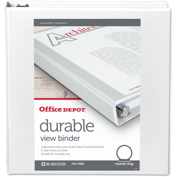 slide 2 of 4, Office Depot Durable View Round-Ring Binder, 1-1/2'' Rings, 61% Recycled, White, 1 ct