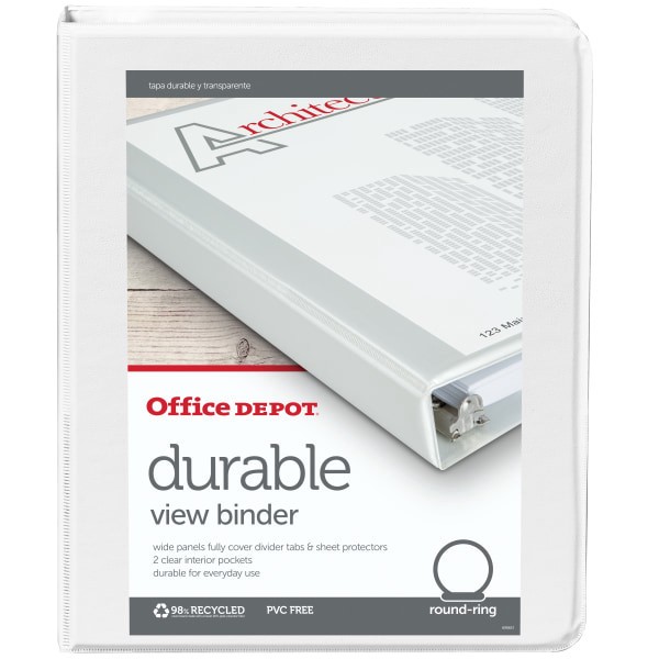 slide 2 of 5, Office Depot Brand Durable View Round-Ring Binder, 1'' Rings, 8.5'' X 5.5'', White, 8.5 in