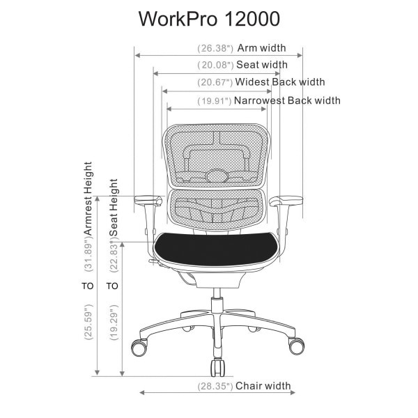 slide 2 of 9, WORKPRO 12000 Series Ergonomic Mesh/Fabric Mid-Back Chair, Black/Black, 1 ct